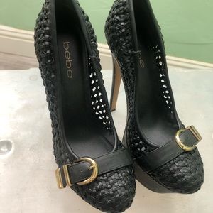 - Bebe Faux Leather Black Platform Stilettos